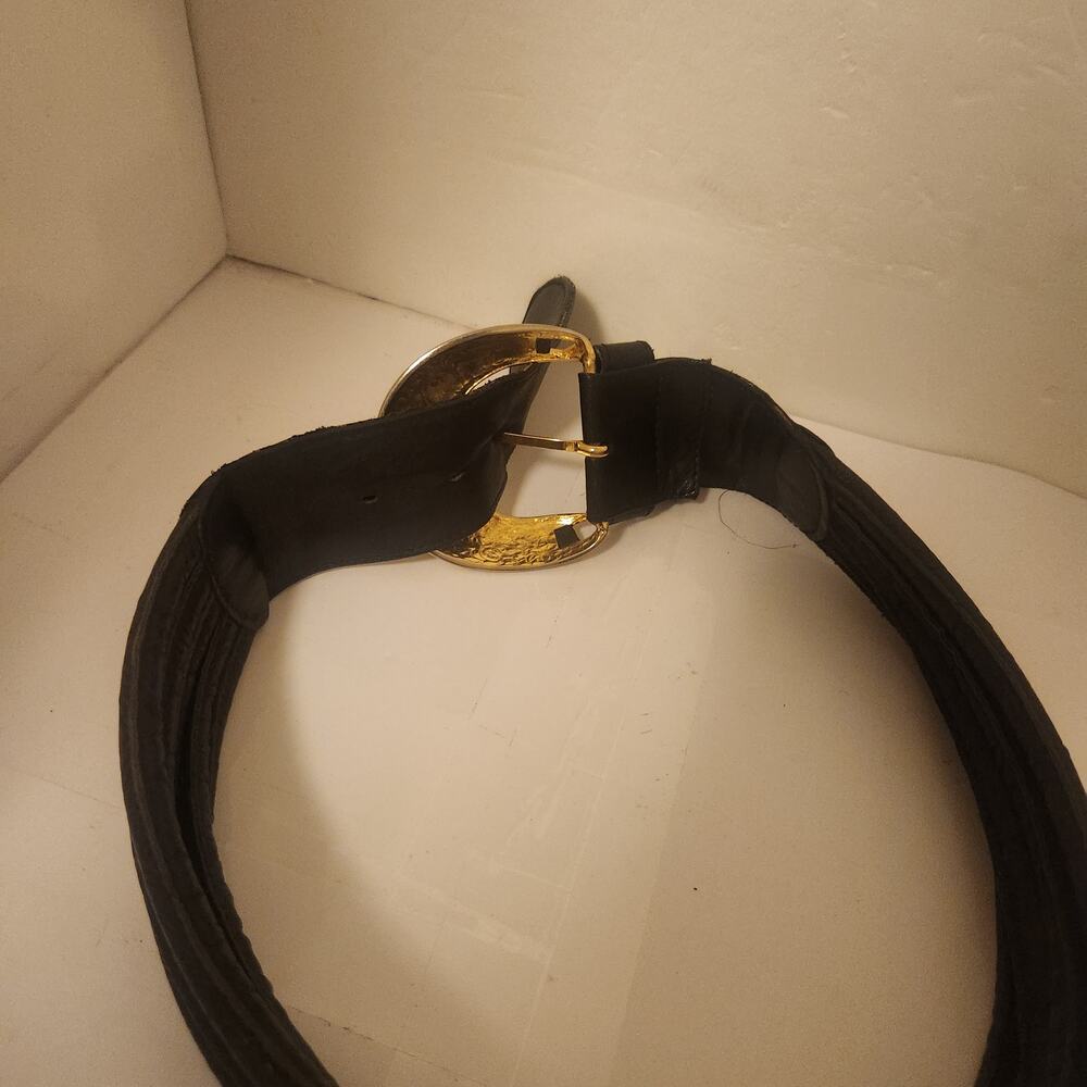 1980's Vintage Black Leather Belt 5 ropes 2" wide 32" long